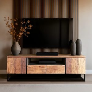 גרובי – מזנון טלוויזיה בעיצוב עץ טבעי וברזל